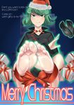  barefoot black_dress christmas dress feet green_eyes green_hair licking_lips looking_at_viewer one-punch_man pov_feet presents ribbon shoes_removed short_hair simple_background socks soles tatsumaki toes tongue_out 