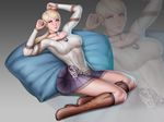  1girl audia_pahlevi blonde_hair blue_eyes boots breasts demento female fiona_belli knee-boots large_breasts looking_at_viewer pillow reclining short_dress solo 