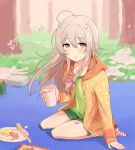  1girl a_ichi ahoge arm_support bangs bare_legs blush bow braid brick brown_eyes cherry_blossoms chopsticks cup day drink flat_chest food forest full_body grass green_shirt green_shorts grey_hair hair_bow holding holding_cup hood hood_down hoodie hoshi_shouko idolmaster idolmaster_cinderella_girls light_smile looking_at_viewer nature no_shoes orange_hoodie outdoors paper_plate petals picnic plate polka_dot_hoodie seiza shirt short_eyebrows short_shorts shorts side_braid single_braid sitting socks solo striped striped_legwear tako-san_wiener tree wind 