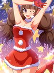  1girl amanogawa_kirara aokura_shou arm arm_up armpits blush breasts brown_hair cleavage collarbone go!_princess_precure high_heels highres precure purple_eyes santa_costume santa_gloves santa_hat skirt smile solo thighhighs twintails 