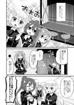  3girls :d arms_up blush bottle chair closed_eyes comic crescent crescent_hair_ornament crescent_moon_pin cup drinking_glass eighth_note emphasis_lines fang fumizuki_(kantai_collection) glass greyscale hair_between_eyes hair_ornament hand_on_hip holding holding_bottle holding_cup kantai_collection long_hair long_sleeves low_twintails monochrome multiple_girls musical_note nagasioo nagatsuki_(kantai_collection) no_eyes open_mouth outstretched_arms pleated_skirt pouring satsuki_(kantai_collection) skirt smile speech_bubble stage translation_request twintails v-shaped_eyebrows 