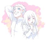  1boy 1girl happy husband_and_wife hyuuga_hinata monochrome naruto risuo smile spot_color uzumaki_naruto 