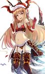  1girl artist_request blonde_hair christmas collarbone fang glove granblue_fantasy hat long_hair midriff navel red_eyes santa_hat shingeki_no_bahamut simple_background small_breasts solo tail thighhighs vampy wide_hips wings 