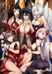  5girls ahoge akagi_(azur_lane) alcohol animal_ears azur_lane bangs bare_shoulders black_dress black_hair black_legwear blue_dress blue_eyes blunt_bangs blush breasts brown_hair choker cleavage collarbone cup dress dress_lift erect_nipples eyebrows_visible_through_hair eyeliner fangs fox_ears fox_tail groin hair_between_eyes hair_ornament high_heels highres holding holding_cup huge_breasts indoors kaga_(azur_lane) large_breasts lifted_by_another long_hair looking_at_viewer makeup mata-aro mole mole_under_eye multiple_girls multiple_tails no_panties open_mouth ponytail pouring red_dress red_eyes short_hair shoukaku_(azur_lane) sideboob sidelocks silver_hair sitting skindentation smile strap_slip taihou_(azur_lane) tail thighhighs very_long_hair white_hair zuikaku_(azur_lane) 