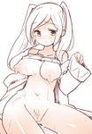  1girl blush breasts ebi_shamo fire_emblem fire_emblem:_kakusei monochrome my_unit_(fire_emblem:_kakusei) nipples pussy simple_background solo twintails 