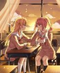  2girls bang_dream! bangs bendy_straw black_legwear blonde_hair blush bow brown_dress cellphone chair character_request closed_mouth cloud cloudy_sky curtains desk dress drinking_straw earbuds earphones eye_contact eyebrows_visible_through_hair hair_between_eyes hair_ribbon holding holding_drinking_straw holding_earphone indoors kneehighs long_hair looking_at_another multiple_girls on_chair parted_lips phone pinb pink_hair profile red_bow red_eyes ribbon sailor_collar sailor_dress school_chair school_desk school_uniform shared_earphones sky smartphone sunset twintails very_long_hair white_legwear white_ribbon white_sailor_collar window 
