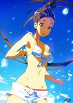  1girl ahoge bikini blue_sky breasts cloud front-tie_bikini front-tie_top ibuki_(street_fighter) navel ponytail sky solo stomach street_fighter street_fighter_iii swimsuit tom_skender upper_body water 