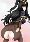  anus ass black_hair cape censored crotch_cutout fire_emblem fire_emblem:_kakusei from_behind gradient gradient_background janong looking_back mosaic_censoring pussy solo tharja tiara torn_pantyhose twintails 