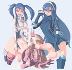  armor blue_hair bottomless breastplate brown_hair bukkake cum cum_on_body cynthia_(fire_emblem) eyebrows eyebrows_visible_through_hair eyes_visible_through_hair fire_emblem fire_emblem:_kakusei futa_with_futa futanari hair_ornament incest long_hair lucina multiple_girls necronemesis necrosmos newhalf oral spitroast sumia tiara twintails 