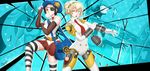  2girls aegis_(persona) android black_hair dejaguar eyepatch hat marie_(persona_4) multiple_girls persona persona_3 persona_4 persona_4:_the_ultimax_ultra_suplex_hold persona_4_the_golden plaid_skirt skirt striped_legwear thighhighs 