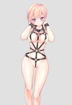  1girl areolae artist_request bdsm blonde_hair blush bondage bound chains character_request collar copyright_request cuffs cuffs-to-collar harness leather looking_at_viewer nude pink_hair purple_eyes short_hair simple_background solo standing straps wide_hips wrist_cuffs 