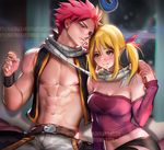  1boy 1girl abs blonde_hair fairy_tail lucy_heartfilia midriff natsu_dragneel navel pink_hair sakimichan scarf shared_scarf sitting spiked_hair stomach vest window 