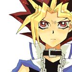  1boy artist_request blonde_hair lowres male_focus multicolored_hair red_eyes simple_background solo spiked_hair yami_yuugi yu-gi-oh! yuu-gi-ou_duel_monsters 