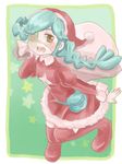  1girl adapted_uniform alternate_costume annie_of_the_stars belt christmas eyepatch female green_hair open_mouth pouch red_legwear sack santa_costume santa_hat skullgirls solo thigh_boots twin_braids yellow_eyes 