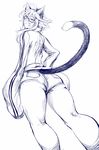  1girl animal_ears ass bangs cat_ears cat_tail denim denim_shorts glasses hand_on_hip hips lips long_sleeves looking_at_viewer looking_down monochrome nekoarashi original short_shorts shorts sketch solo tail track_suit yagatake_arashi yana_(nekoarashi) zipper 