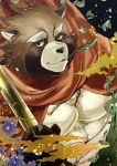  canid canine clothing eye_scar eyebrows flower gyobu leaf male mammal musclegut ohayashi55 pecs plant raccoon_dog robe scar slightly_chubby tanuki thick_eyebrows tokyo_afterschool_summoners video_games yellow_eyes 