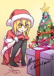  1girl artist_name bangs black_legwear blonde_hair blush bow box candy candy_cane capelet christmas christmas_tree coat coffee_(ecafree2) english excited fur hair_between_eyes hands_on_knees happy hat kneeling lollipop lolly_pop merry_christmas miniskirt mittens no_shoes ornament pigeon-toed pleated_skirt present red_hat red_skirt santa_costume santa_hat simple_background skirt smile solo sparkle squatting star star-shaped_pupils symbol-shaped_pupils thighhighs thighs tree yellow_background 