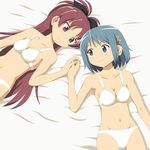  2girls arm bare_arms bare_shoulders bed blue_eyes blue_hair blush bra breasts cleavage collarbone eye_contact eyebrows eyebrows_visible_through_hair female from_above hair_ornament hair_ribbon hand_holding hiraizumi_(mugenkidousha) interlocked_fingers lingerie long_hair looking_at_another looking_to_the_side lying mahou_shoujo_madoka_magica midriff miki_sayaka multiple_girls mutual_yuri navel neck on_back panties ponytail red_eyes red_hair ribbon sakura_kyouko short_hair simple_background small_breasts smile underwear white_background white_bra white_panties yuri 