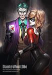  1boy 1girl ass batman_(series) black_gloves blonde_hair bodysuit dantewontdie dc_comics domino_mask evil_grin evil_smile facepaint gloves green_hair grin harley_quinn looking_at_viewer makeup mask necktie pale_skin playing_card smile suit the_joker 