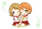  2girls :d ;d blush bow brown_hair capelet fur_trim green_eyes hairband happy_birthday hoshizora_rin hug koizumi_hanayo love_live!_school_idol_project multiple_girls natsu_(natume0504) nyan one_eye_closed open_mouth orange_hair paw_print pom_pom_(clothes) purple_eyes short_hair shorts skirt smile snow_halation translation_request yuri 