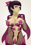  1girl black_hair blush breast_cutout breasts cleavage collarbone cutout female gloves grey_background hair_ribbon hand_on_own_chest head_tilt highres hime_cut large_breasts long_hair looking_at_viewer looking_to_the_side navel neck parted_lips ponytail purple_clothes purple_gloves purple_hair purple_thighhighs revealing_clothes ribbon simple_background solo su.mi. thighhighs yellow_eyes 