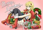  1girl alternate_color arc_system_works artist_request birthday blazblue blonde_hair blush boots capelet christmas gloves green_eyes hair_ornament happy_birthday long_hair noel_vermillion open_mouth parted_lips sitting skirt smile solo thighhighs 