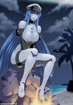  1girl akame_ga_kill! blue_hair blush breasts esdeath female large_breasts nipples outdoors sky smile solo 