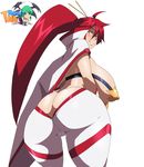  1girl ass bikini_top blush breasts butt_crack cameltoe cape from_behind from_below huge_ass huge_breasts long_hair looking_at_viewer looking_back looking_down pants ponytail red_hair shiny shiny_clothes shiny_hair shiny_skin smile solo tengen_toppa_gurren_lagann tight_pants very_long_hair yellow_eyes yoko_littner 