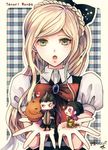  1boy 2girls alternate_eye_color blonde_hair character_request checkered checkered_background danganronpa gerbil green_eyes heterochromia long_hair miniboy minigirl multiple_girls puffy_sleeves red_ribbon ribbon sonia_nevermind sunflower_seed z-epto_(chat-noir86) 