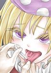  1girl artist_request blonde_hair blush cigarette clownpiece open_mouth purple_eyes smile solo tears tongue tongue_grab tongue_out tongue_pull 