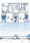  1girl admiral_(kantai_collection) blue chitose_(kantai_collection) cloud cloudy_sky comic day headband kantai_collection kobamiso_(kobalt) monochrome opening_door sky stairs wind 