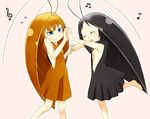  2girls angry antennae armpit armpits barefoot black_dress black_hair chaba_(gokicha) cockroach dancing dress feet gokicha gokicha_(character) hand_holding happy insect long_hair monster_girl multiple_girls orange_dress orange_hair personification pink_background sat-c sideboob 