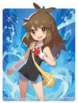  1girl bag black_shirt blue_(pokemon) blue_shorts brown_eyes brown_hair creatures_(company) game_freak hair_flaps holding holding_poke_ball long_hair looking_at_viewer messenger_bag nintendo official_art poke_ball poke_ball_(generic) pokemon pokemon_(game) pokemon_lgpe pokemon_trading_card_game saitou_naoki shirt shorts shoulder_bag sleeveless sleeveless_shirt smile solo water watermark wristband 