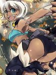  1girl animal_ears ass belt blue_eyes bob_cut cat_ears cat_tail fangs female fingerless_gloves from_behind gloves looking_back mishiro_shinza ms._fortune_(skullgirls) nadia_fortune open_mouth pouch scar short_hair shorts skullgirls smile solo tail teeth white_hair 