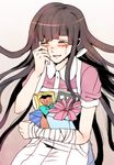  apron bandage bangs black_hair blush bow crying danganronpa eyes_closed gift gradient gradient_background happy long_hair mole nurse present short_sleeves solo super_danganronpa_2 tsumiki_mikan z-epto_(chat-noir86) 