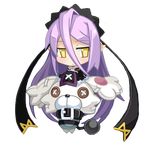  1girl attouteki_yuugi_mugen_souls black_dress chibi chou_chou chou_chou_cool detached_sleeves doll dress expressionless gothic_lolita hairband lolita_fashion long_hair no_pupils official_art pointy_ears purple_hair shoes solo white_background yellow_eyes 