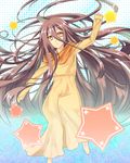  1girl barefoot brown_hair dansai_bunri_no_crime_edge dress keicha_(hikkome-chickenyarou) mushanokouji_iwai open_mouth star very_long_hair yellow_eyes 