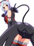  1girl animal_ears aokura_shou armlet ass bare_shoulders black_legwear blue_hair blush cat_tail detached_sleeves eas fake_animal_ears fresh_precure! frills from_behind frown higashi_setsuna highres hood leaning_forward looking_at_viewer paw_pose precure red_eyes short_shorts shorts solo tail thighhighs transparent_background zettai_ryouiki 