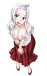  1girl arolae blue_eyes breasts breasts_outside dress fairy_tail female large_breasts leaning_forward mashima_hiro mirajane_strauss nipples nude_filter open_mouth photoshop simple_background solo standing 