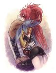  1boy 1girl ass belt blush couple dark_skin grey_hair hetero hug jako_(toyprn) long_hair loni_dunamis midriff nanaly_fletch pants red_hair shorts tales_of_(series) tales_of_destiny_2 twintails vest 