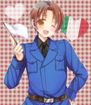  ;d aina123 ainaryumu axis_powers_hetalia brown_hair flag heart hearts italy italy_(hetalia) one_eye_closed open_mouth orange_eyes smile solo waving_flag wink 