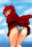  1girl ass black_shirt blush bow cameltoe cape from_behind from_below gustav hair_bow looking_at_viewer looking_back open_mouth panties red_eyes red_hair red_skirt sekibanki shiny shiny_skin shirt short_hair skirt solo striped striped_panties touhou underwear upskirt 