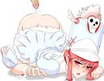 1boy 1girl absurdres aftersex all_fours ass blush boots dimples_of_venus dress erection hat highres jakuzure_nonon kill_la_kill looking_at_viewer no_panties open_mouth penis pink_eyes pink_hair shako_cap stormcow top-down_bottom-up uniform winged_hat winged_shoes 