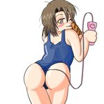  1girl ass bare_shoulders blush bread brown_eyes brown_hair food from_behind leaning leaning_forward looking_at_viewer looking_back naughty_face norma_beatty one-piece_swimsuit one_piece_swimsuit shiny shiny_skin short_hair smile solo tales_of_(series) tales_of_legendia vibrator vibrator_under_clothes 