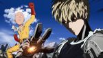  animated animated_gif bald black_sclera blonde_hair cyborg genos glowing glowing_eyes multiple_boys one-punch_man saitama_(one-punch_man) short_hair sky smile standing torn_clothes 