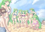  2boys 6+girls beach bikini blush brown_hair donkey_kong green_eyes green_hair kid_icarus kid_icarus_uprising multiple_boys multiple_girls multiple_persona nintendo ocean palutena pit_(kid_icarus) super_smash_bros. swimsuit water 