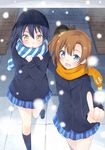  2girls blue_eyes blue_hair blush chamirai female happy kousaka_honoka long_hair love_live!_school_idol_project mirai_(macharge) multiple_girls orange_hair scarf side_ponytail snow sonoda_umi yellow_eyes 