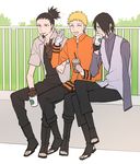  7mexxx amputee bandaged_arm blonde_hair boruto:_the_movie coffee drinking facial_hair gloves goatee hair_over_one_eye multiple_boys nara_shikamaru naruto sitting spiked_hair starbucks topknot uchiha_sasuke uzumaki_naruto whiskers 