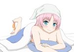  1girl bare_shoulders barefoot blue_eyes blush breasts hat jinsei long_hair maimai251 murakami_emi nude panties pillow pink_hair smile underwear 