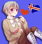  :o aina123 ainaryumu axis_powers_hetalia blue_background boots flag heart hearts iceland iceland_(hetalia) red_eyes sitting solo sweater white_hair 